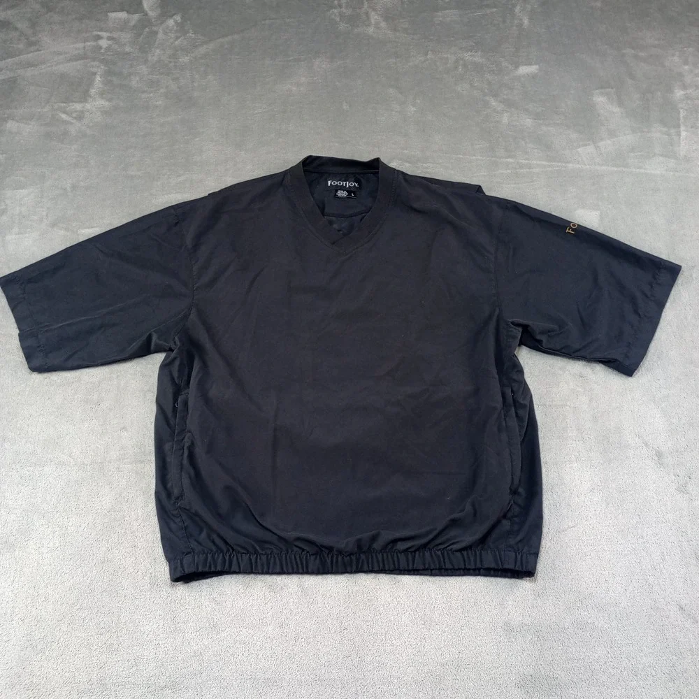 FootJoy Pullover Windbreaker Jacket Mens Large Black `1/2 Sleeves V-Neck Pockets